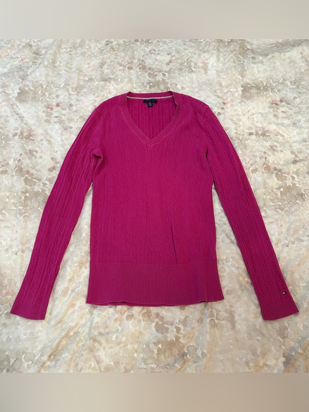 Tommy Hilfiger Fuchsia Cable-Knit V-Neck Sweater